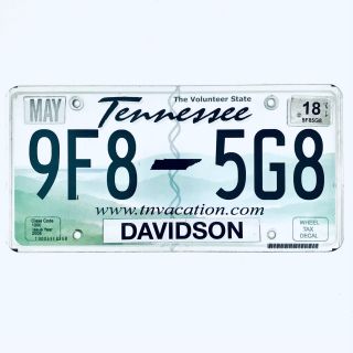 2018 United States Tennessee Davidson County Passenger License Plate 9f8 5g8