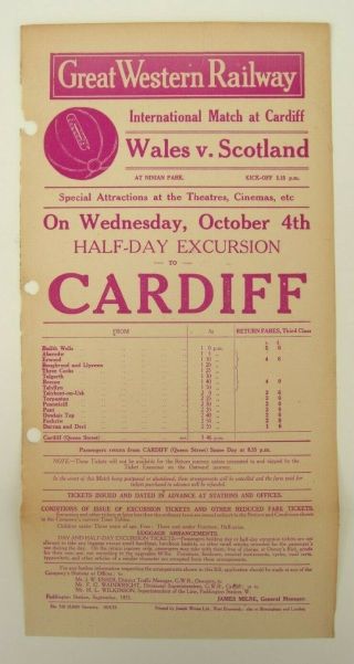 Gwr Handbill To Cardiff International Football Match Wales V Scotland 1933