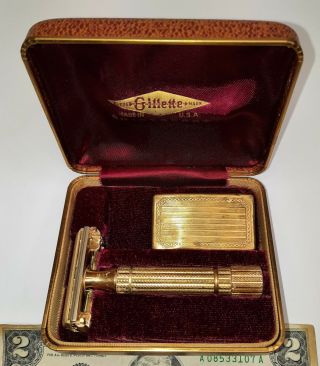Vintage Gillette Aristocrat Usa Gold Safety Razor With Case Pat Nos On Pkg Box 3