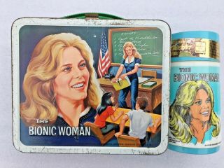 Vintage Aladdin 1977 The Bionic Woman Lindsay Wagner Metal Lunchbox With Thermos
