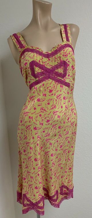 Betsey Johnson 100 Silk Dress Lime With Pink High Heel Shoes Vintage Size 8