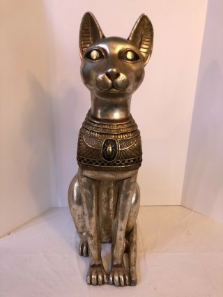 Egyptian Cat Goddess Bastet Exotic Large Statue Silver Gold Finish 29.  5h