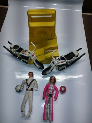 Vintage Evel Knievel And Derry Daring Stunt Cycles With Figures And Launcher