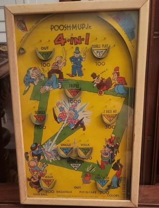 Vintage 1930s Poosh - M - Up Jr.  Table Top Pinball 4 - In - 1 Game Baseball Clowns
