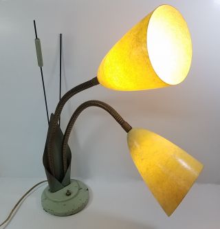 Vtg Mcm Fiberglass Shade Double Gooseneck Cattail Desk Lamp Green