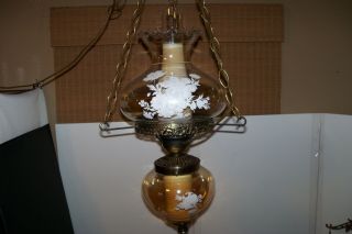 Gwtw Double Hanging 2 Tier Hurricane 3 Way Lamp - Glass W/ White Flowers - Vintage
