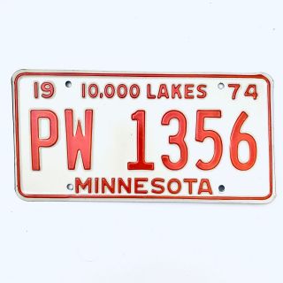1974 United States Minnesota Base Passenger License Plate Pw 1356
