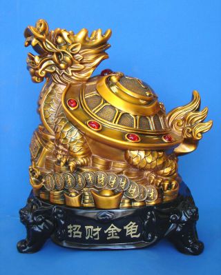 11 " Big Golden Feng Shui Dragon Turtle Dragon Tortoise Statue On Coin