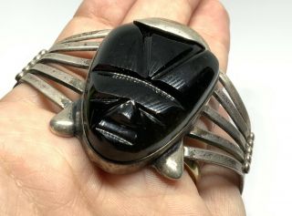 Vintage Southwest Sterling Silver Carved Black Onyx Mask 6.  75” Cuff Bracelet