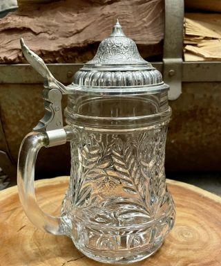 Rare Find - Vintage West Germany Bmf Pressed Glass Stein W/ Silver Tone Metal Lid