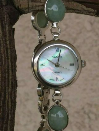 Vintage Sanuk Sterling Silver Jade Cabochon Bracelet Watch 7 " Wrist Battery