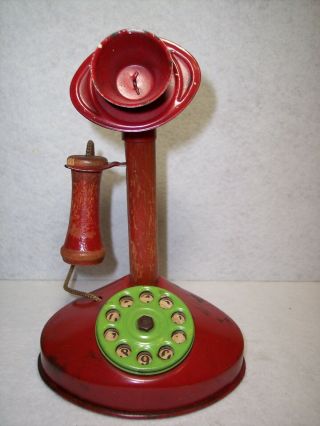 Vintage Child ' s Toy Phone Tin/Wood Red Candlestick Telephone with Green Dial 2