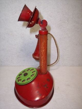 Vintage Child ' s Toy Phone Tin/Wood Red Candlestick Telephone with Green Dial 3