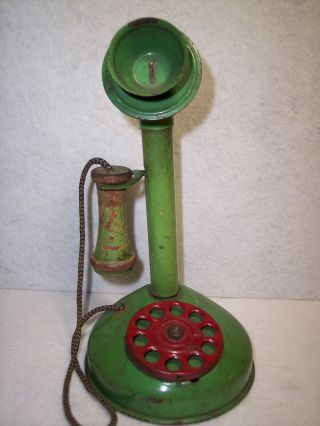 Vintage Child ' s Toy Phone Tin/Wood Green Candlestick Telephone with Red Dial 2