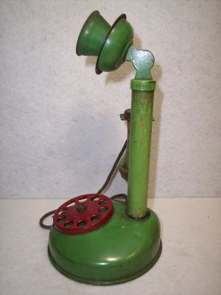 Vintage Child ' s Toy Phone Tin/Wood Green Candlestick Telephone with Red Dial 3