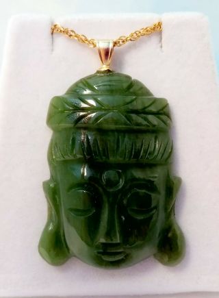 Vintage Green Jade Buddha Head Necklace Pendant W/ 14k Bail 10k Gf Chain