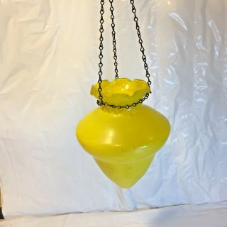 Vtg Yellow Art Glass Hanging Conical Planter Vase W Ruffled Rim Rare Htf