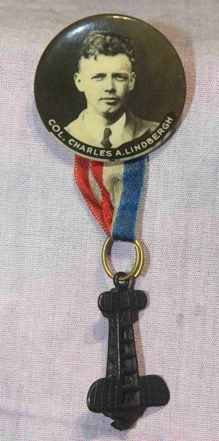Colonel Charles Lindbergh Pinback With Airplane Charm Circa 1927 Aviation Coll.