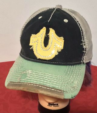 Vintage True Religion Jeans Hat Cap Distressed Horseshoe U Logo W Leather Strap