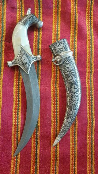 Mughal Dagger Damascus Blade Knife Silver Koftgari Bone Inlay Horse Face Crafted