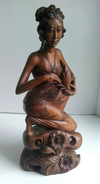 Fa Pan Akus Bali Djakarta Seated Woman Wooden Carving Statue 15 " Tall