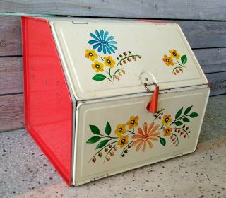 Vintage Mid Century White & Cream Floral 2 Compartment Tin Bread Box Pie Safe