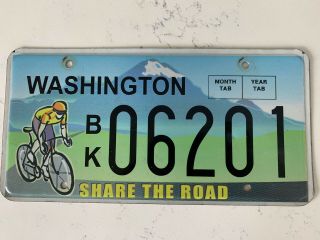 License Plate,  Washington,  Share The Road,  Bicyclist Bicycle Bk 0 6201