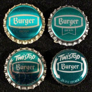 4 Burger Ale Green Plastic Lined Bottle Cap Cincinnati Ohio Crowns Vintage Akron
