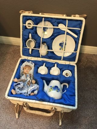 Antique Children’s Porcelain Tea Set With Matching Doll And Picnic Blanket
