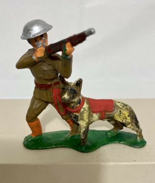 Vintage Barclay Manoil Lead Toy Soldier With German Shepard Guard Dog Riffle