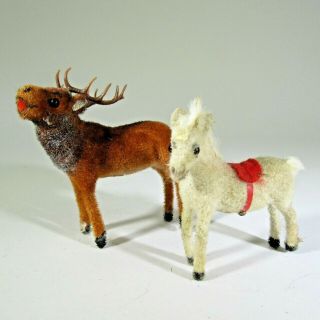 2 Vtg Kunstlerschutz Germany Flocked White Pony Horse Foal & Elk,  Deer Miniature