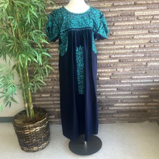 Mexican Vintage Heavily Embroidered Blue And Teal Maxi Dress Caftan