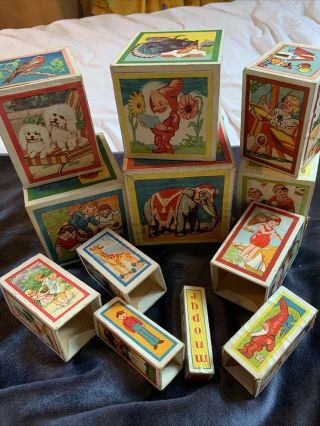 Vintage Childs 1950s? Light Wood Stacking Blocks With 12 Iconic Pictures On