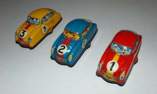 3 Vintage Tin Litho Race Car Porsche Windup 3 1/2 " Long W.  Germany Work