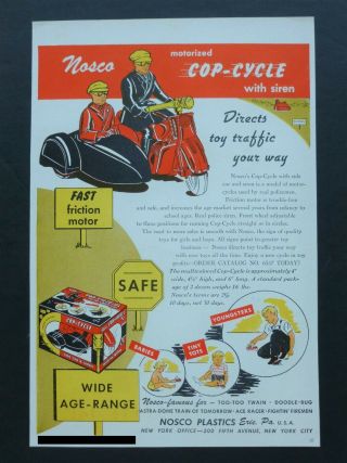 Vtg Rare 1950 Dealer Ad - Nosco Plastic Motorized Friction Motorcycle W/ Sidecar