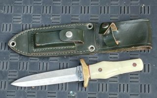Vintage Ka - Bar Fighting Boot Knife Dagger W/ Thick Saddle Leather Sheath & Stone