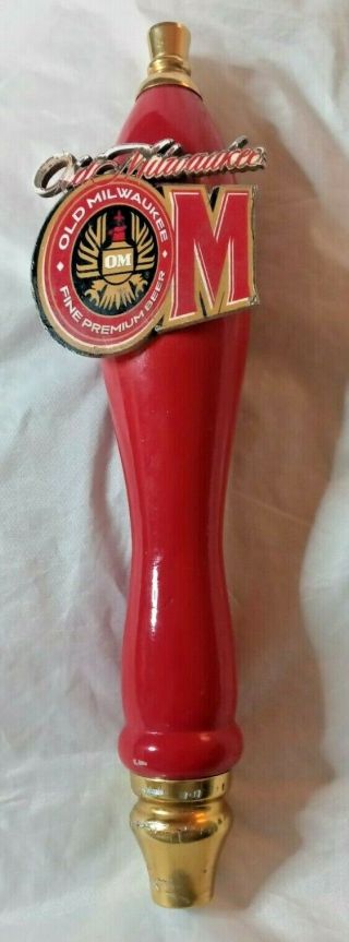Vtg Old Milwaukee Fine Premium Beer Tap Handle Keg Man Cave Wood And Brass Red
