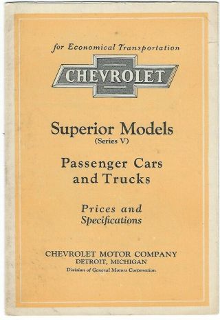 1926 Chevrolet Superior Models Series V Car & Truck Sales Folder Prices & Specs