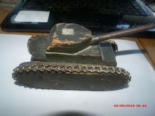 Antique Folkart Wooden And Metal Army Tank