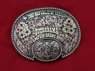 Trophy Rodeo Champion Belt Buckle☆☆republic Of Texas Bronc Riding Vintage 814