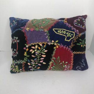 Vintage Velvet Floral Throw Pillow Patchwork Embroidered Boho Chic 1978 Handmade