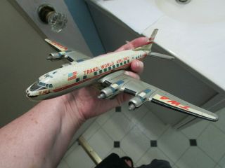 Vintage TWA Friction Tin Toy Airplane Trans World Airlines DC - 7C N7020C 2