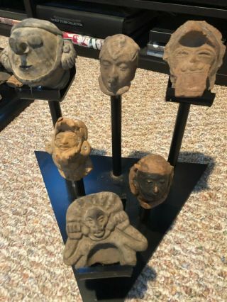 6 Fine Precolumbian Heads Mounted On Custom Display Stand