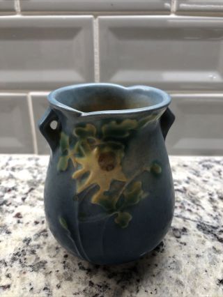 Vintage Roseville Pottery Columbine Blue Double - Handled Vase,  Pattern 12 - 4
