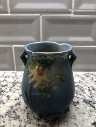 Vintage Roseville Pottery Columbine Blue Double - Handled Vase,  Pattern 12 - 4 2