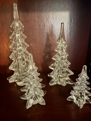 Set Of 4 Vintage Hand Made Taiwan Crystal Glass Christmas Pine Tree 10” 8” 5” 4” 3