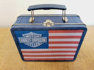 Rare Tin Vintage Harley - Davidson Motorcycle With American Flag Lunchbox