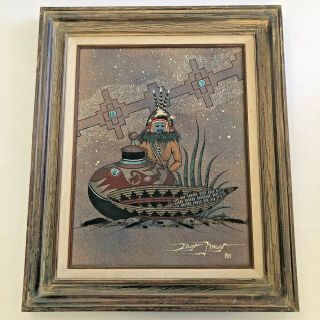 Vintage Navajo Sand Painting Signed Edwin Morgan 1986 Turquoise South West Art