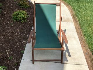Vintage Wood Deck Chair Green Canvas Chaise Adjustable With Small Canvas Table
