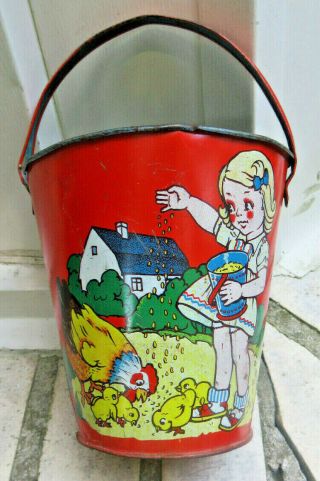 Vtg Tin Litho Sand Pail Little Girl W/dog & Chickens Made In U.  S.  Zone Germany